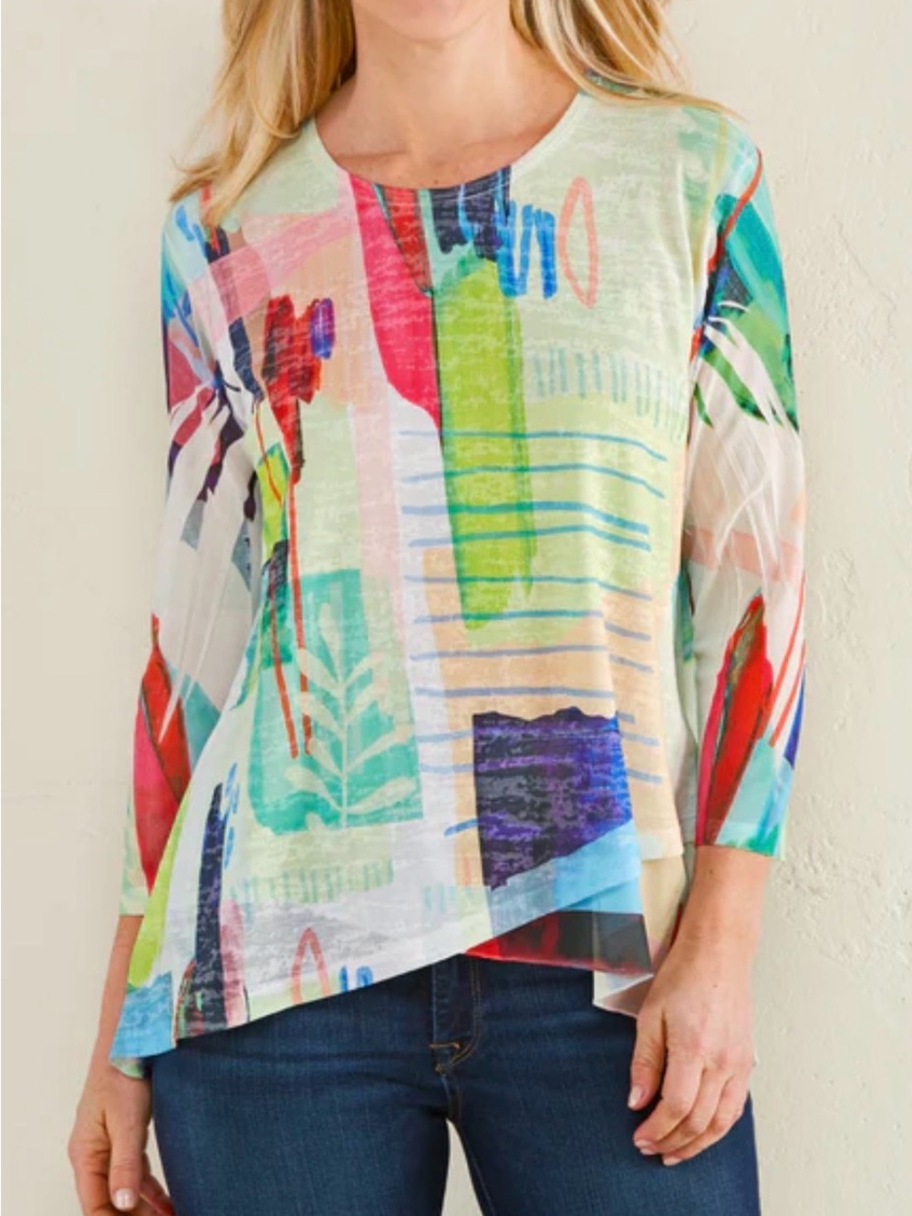 Jess & Jane Women's Burnout Sublimation Top Multi Size 2X Lined Mesh Sleeves New